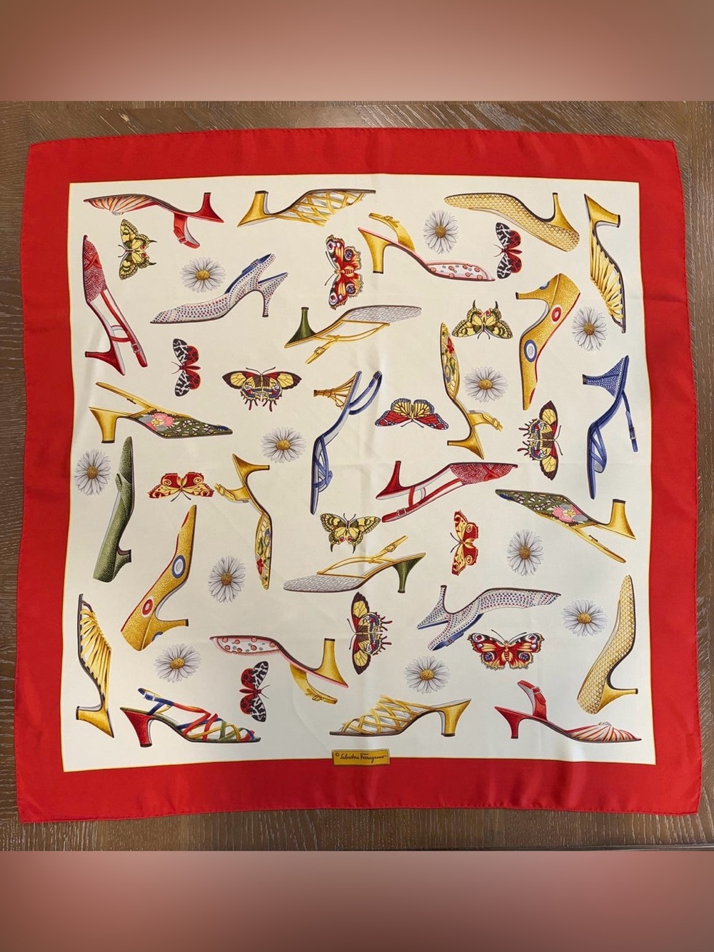 Salvatore Ferragamo Silk Scarf White Shoe Butterfly Hand Rolled Made In Italy